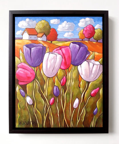 Countryside Tulips, Framed Original Painting, Spring Folk Art Landscape 11x14