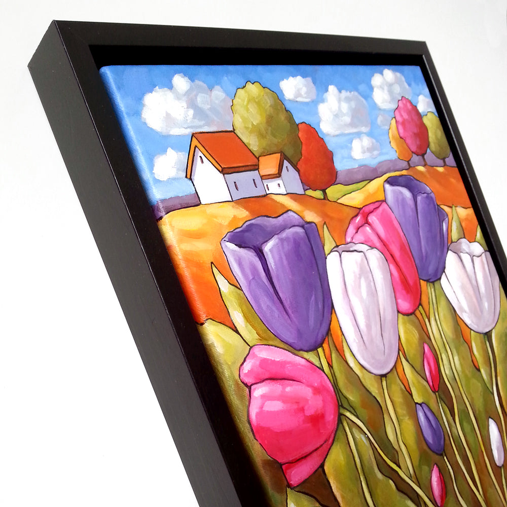 Countryside Tulips, Framed Original Painting, Spring Folk Art Landscape 11x14