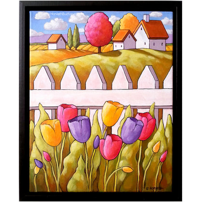 tulips fence landscape original art painting by artist Cathy Horvath Buchanan