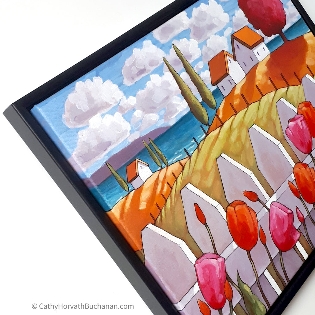 Seaside Tulips Fence Framed Original Painting, Coastal 14x18 by artist Cathy Horvath Buchanan
