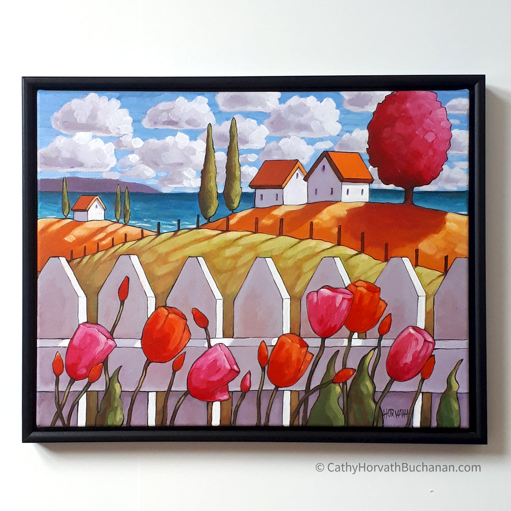 Seaside Tulips Fence Framed Original Painting, Coastal 14x18 by artist Cathy Horvath Buchanan