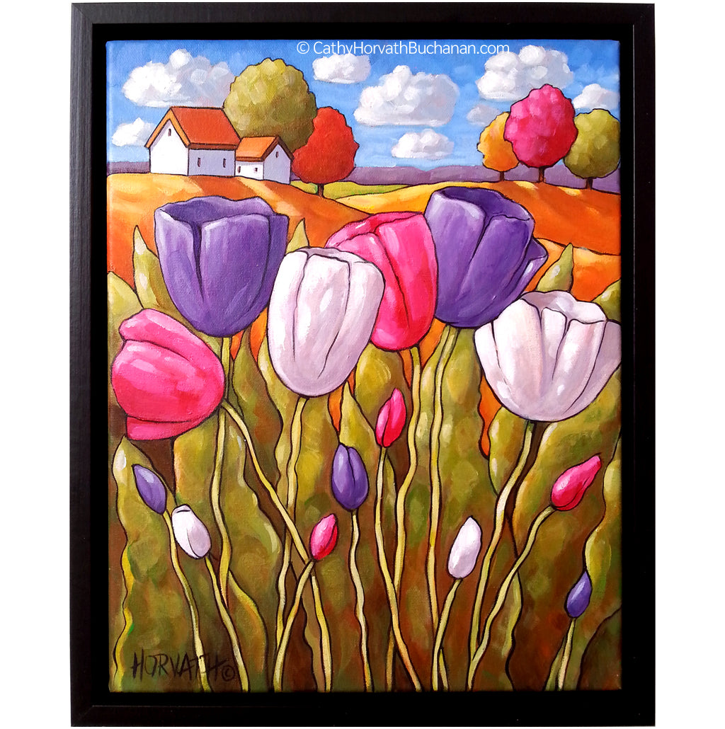 AMERICAN Folk Art FRAME Spring Hyacinths print Original Folk Art Frame App 15X13 under glass as high quality found