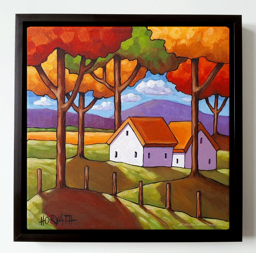 Two Cottages Colorful Trees Framed Original Painting, Scenic Landscape 10x10
