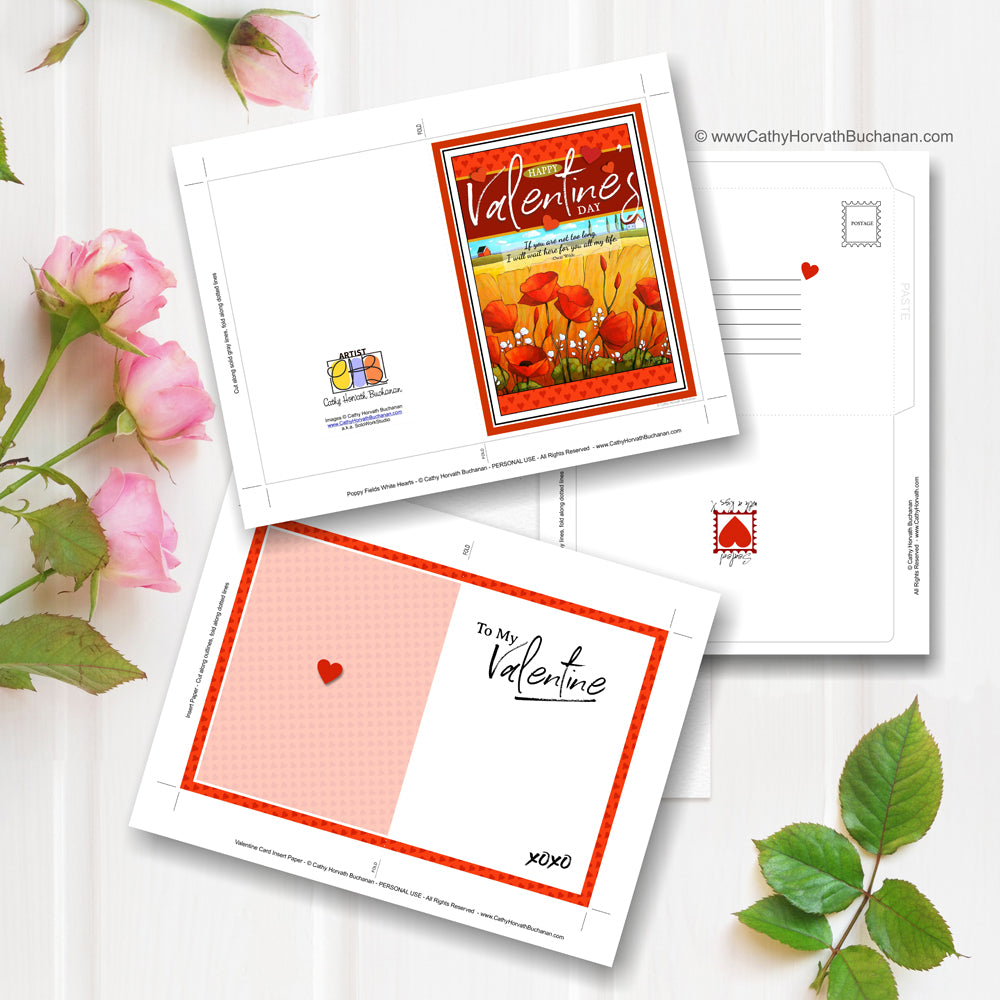 Valentines Printable Card Kit, w insert paper + envelope , PDF Instant Download DIY by Cathy Horvath Buchanan