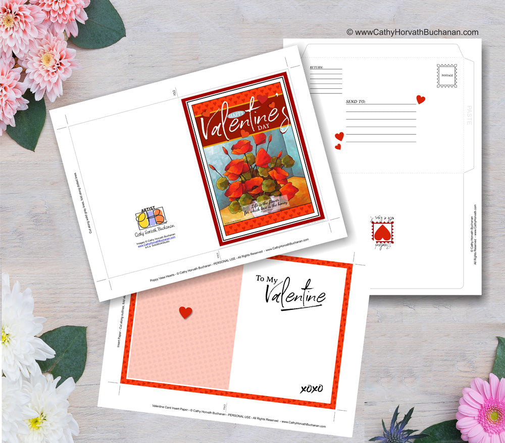 Valentine Flowers Printable Card Kit, w insert paper + envelope, PDF Instant Download