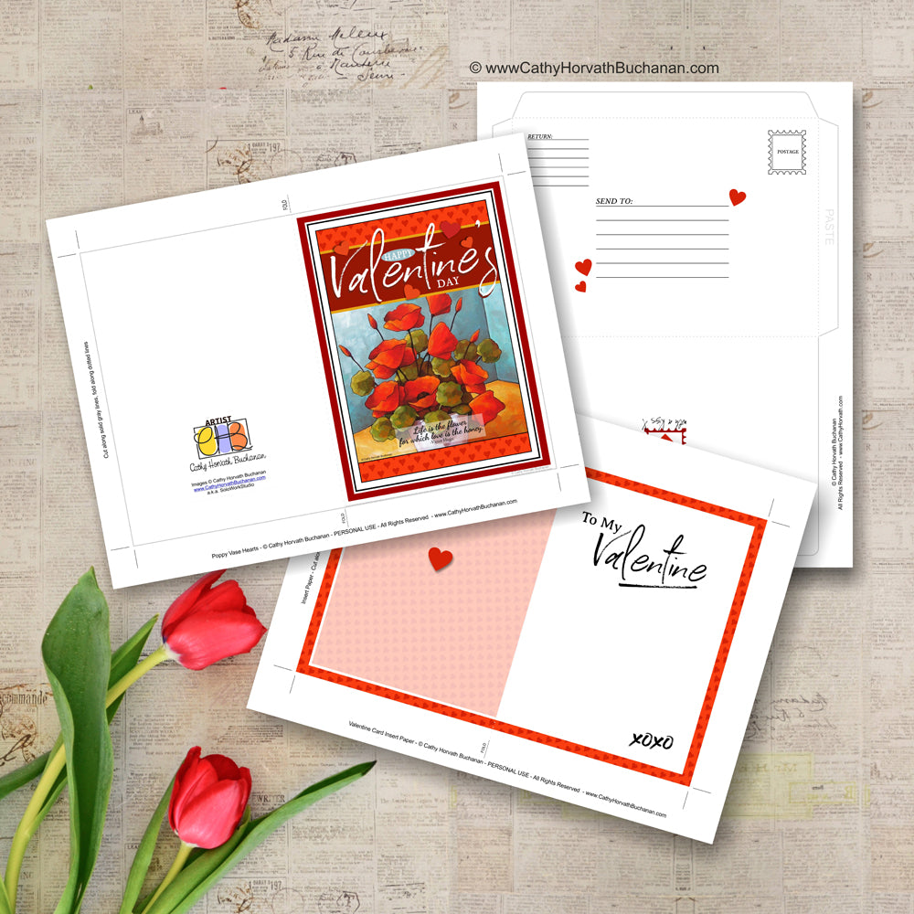 Valentine Flowers Printable Card Kit, w insert paper + envelope, PDF Instant Download