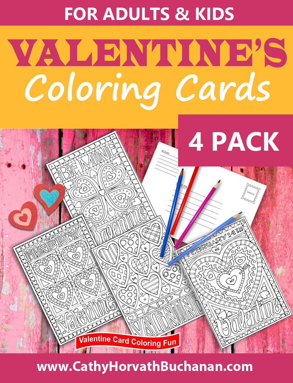 Valentine 4 pack Coloring Card Kit + Envelope, Instant Printable PDF by Cathy Horvath Buchanan
