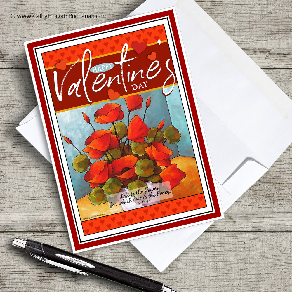 Valentine Flowers Printable Card Kit, w insert paper + envelope, PDF Instant Download
