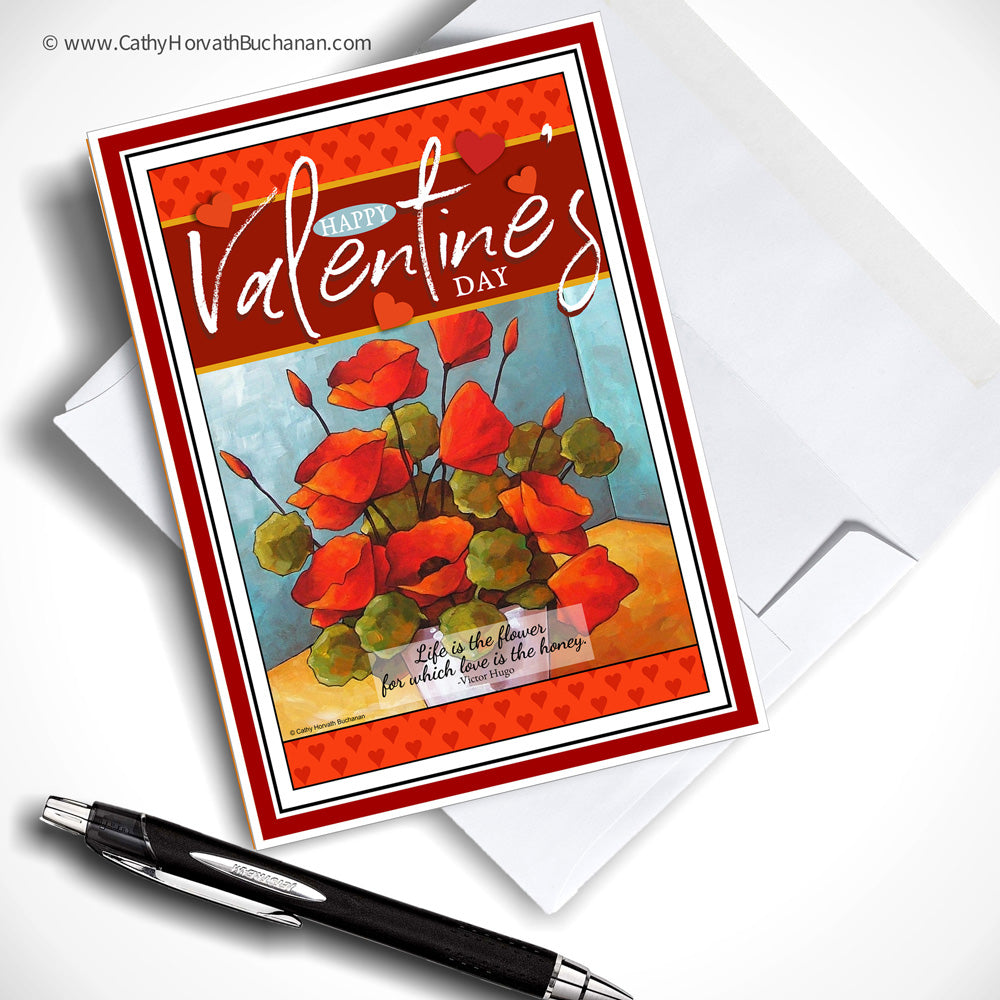 Valentine Flowers Printable Card Kit, w insert paper + envelope, PDF Instant Download