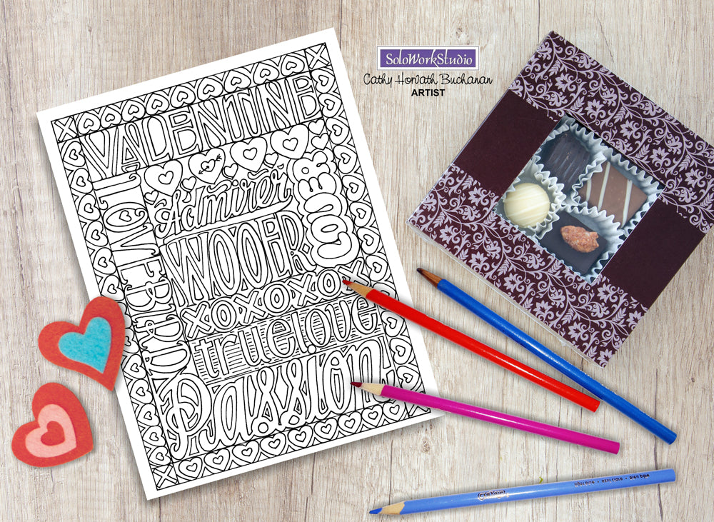 Valentine 4 pack Coloring Pages, Romantic PDF Instant Printable Download Cathy Horvath Buchanan