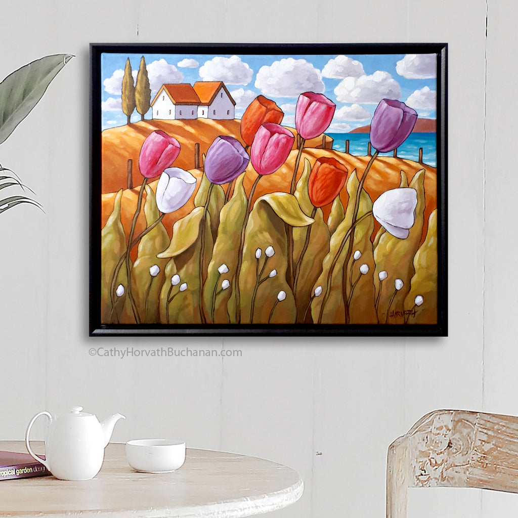 Wild Tulips Waterside Framed Original Painting, Coastal Flowers Landscape 16x20