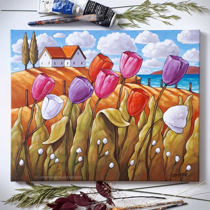 Wild Tulips Waterside Framed Original Painting, Coastal Flowers Landscape 16x20 artist Cathy Horvath Buchanan