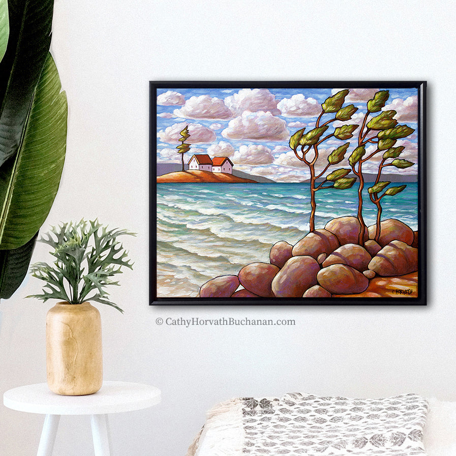 Windy Beach Tree Framed Original Painting, Coastal Seascape 16x20 by artist Cathy Horvath Buchanan