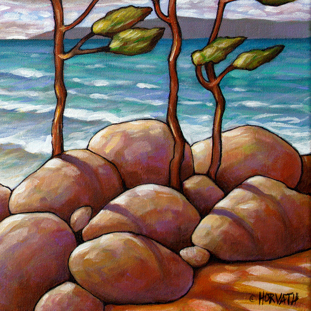 Windy Beach Tree Framed Original Painting, Coastal Seascape 16x20 by artist Cathy Horvath Buchanan