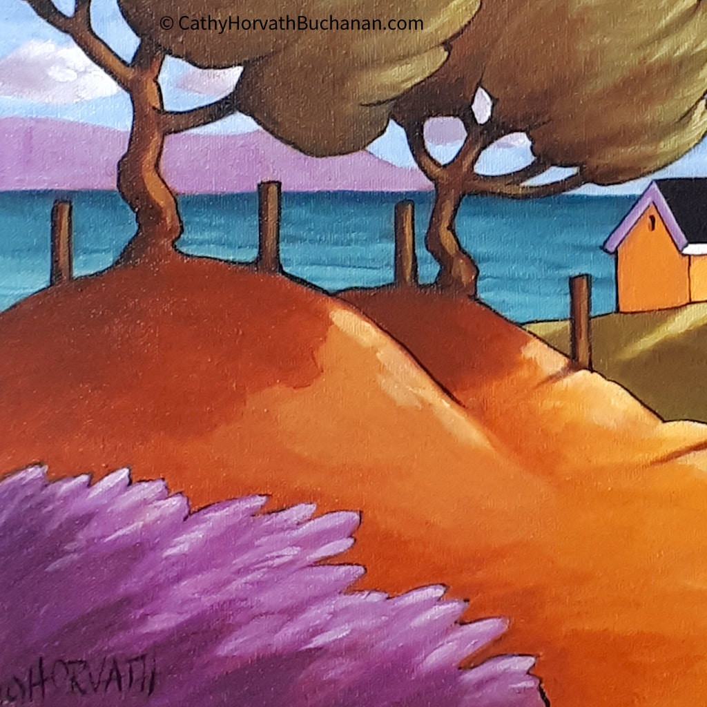 Windy Oceanside Hills Lavender Framed Original Painting, Coastal 14x18 by artist Cathy Horvath Buchanan