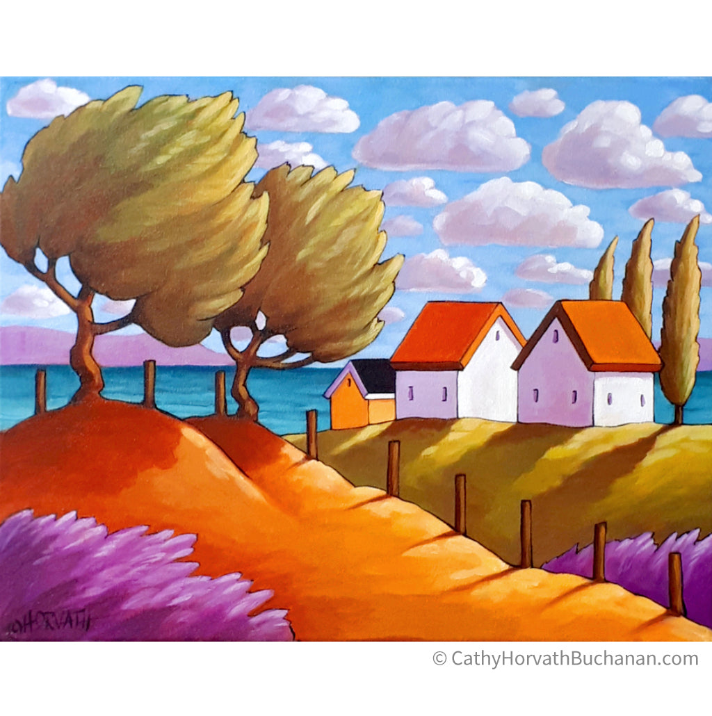 Windy Oceanside Hills Lavender Original Painting, Coastal 14x18