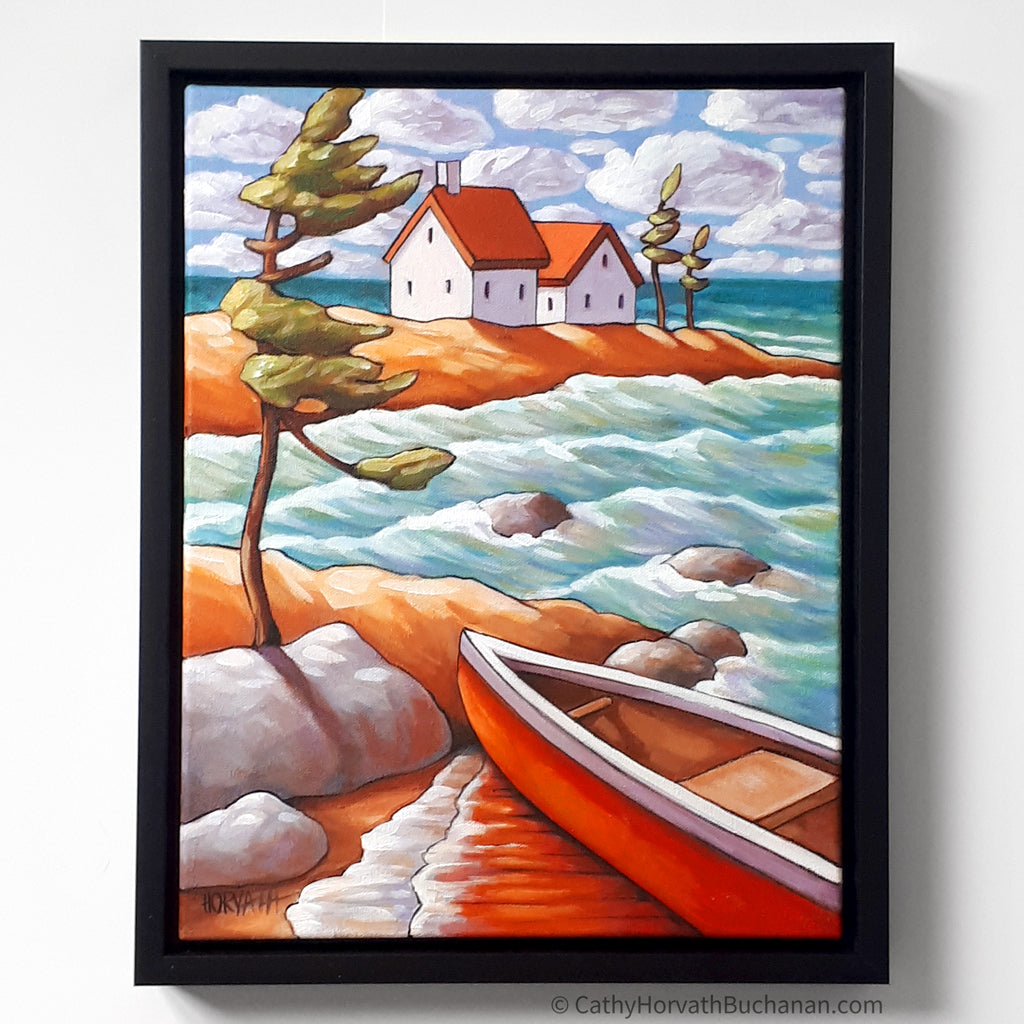 Windy Water Canoe Framed Original Painting, Coastal Seascape 11x14 by artist Cathy Horvath Buchanan