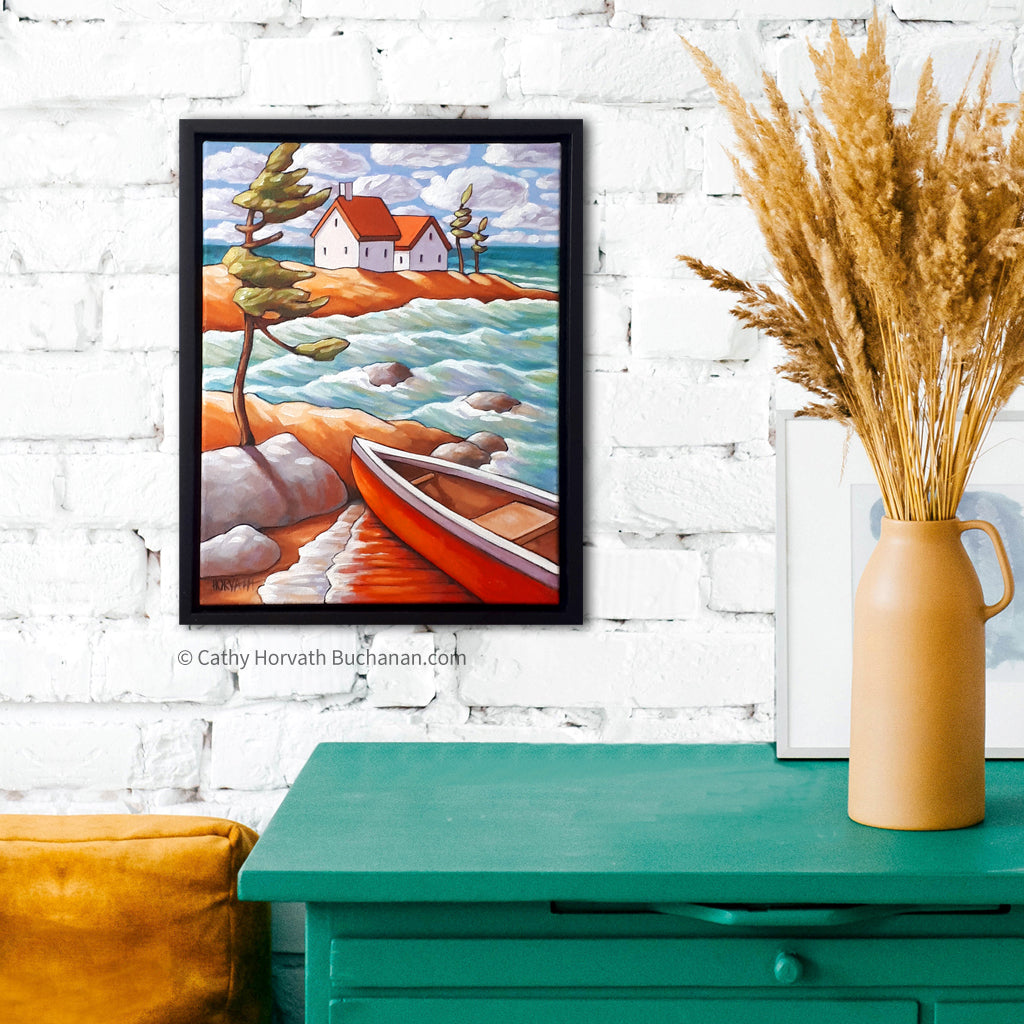 Windy Water Canoe Framed Original Painting, Coastal Seascape 11x14 by artist Cathy Horvath Buchanan