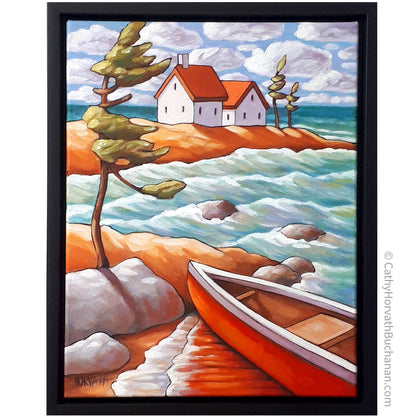Windy Water Canoe Framed Original Painting, Coastal Seascape 11x14 by artist Cathy Horvath Buchanan
