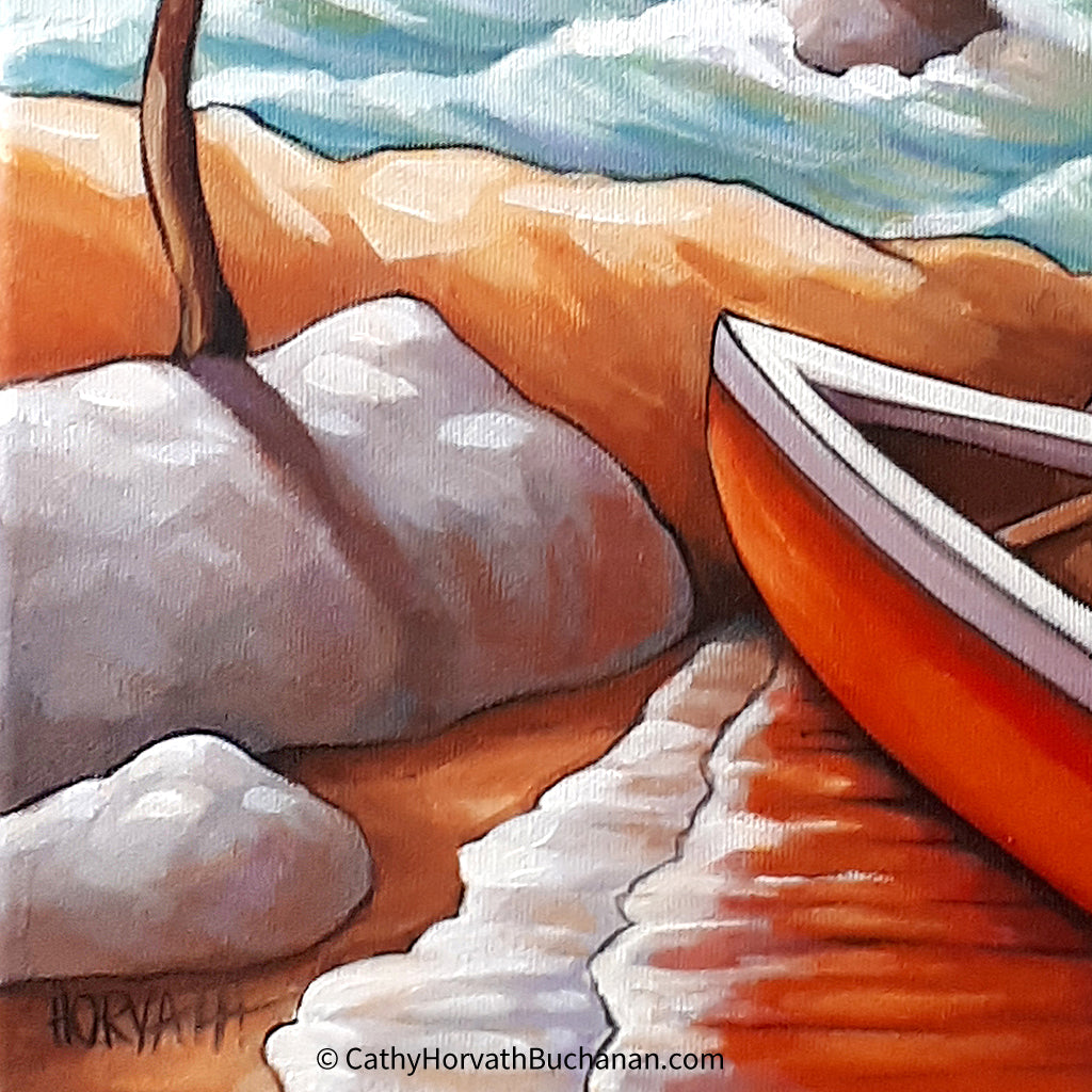 Windy Water Canoe Framed Original Painting, Coastal Seascape 11x14 by artist Cathy Horvath Buchanan