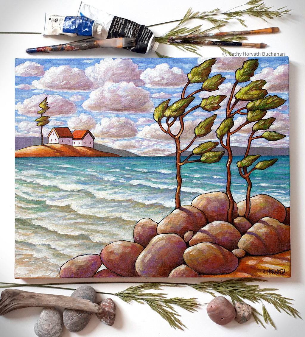 Windy Beach Tree Framed Original Painting, Coastal Seascape 16x20 by artist Cathy Horvath Buchanan