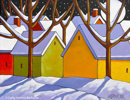 Winter Town Night Art Print, Christmas Eve Snow Giclee by Cathy Horvath Buchanan