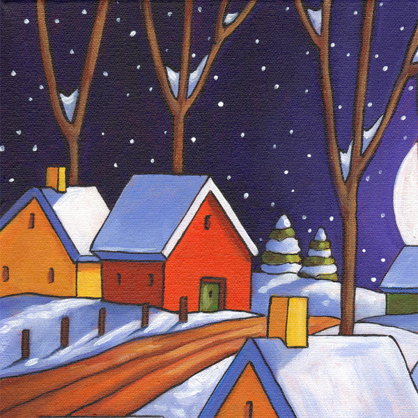 ORIGINAL PAINTING Winter Night Refelctions Folk Art, Christmas Colors Town Artwork 12x16 - SoloWorkStudio  - 2