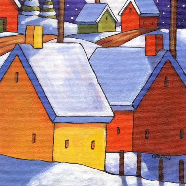 ORIGINAL PAINTING Winter Night Refelctions Folk Art, Christmas Colors Town Artwork 12x16 - SoloWorkStudio  - 4