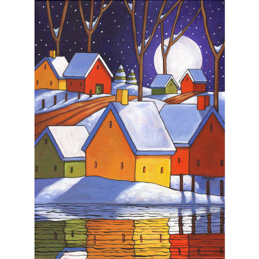 ORIGINAL PAINTING Winter Night Refelctions Folk Art, Christmas Colors Town Artwork 12x16 - SoloWorkStudio  - 1