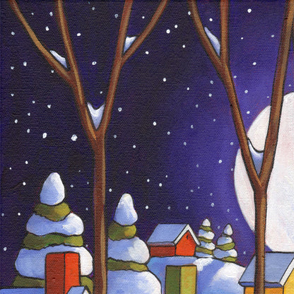 ORIGINAL PAINTING Winter Night Road Folk Art, Christmas Colors Village Artwork 12x16 - SoloWorkStudio  - 2