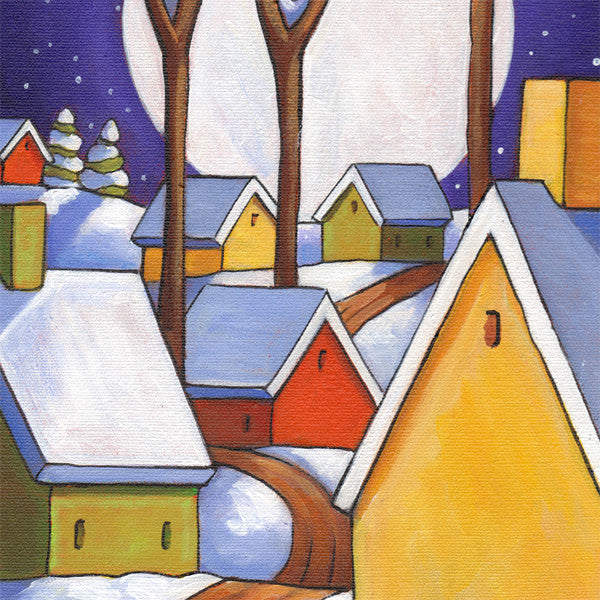 ORIGINAL PAINTING Winter Night Road Folk Art, Christmas Colors Village Artwork 12x16 - SoloWorkStudio  - 3