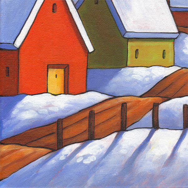 ORIGINAL PAINTING Winter Night Road Folk Art, Christmas Colors Village Artwork 12x16 - SoloWorkStudio  - 4