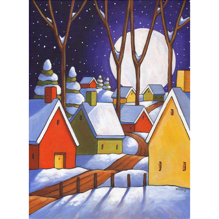 ORIGINAL PAINTING Winter Night Road Folk Art, Christmas Colors Village Artwork 12x16 - SoloWorkStudio  - 1