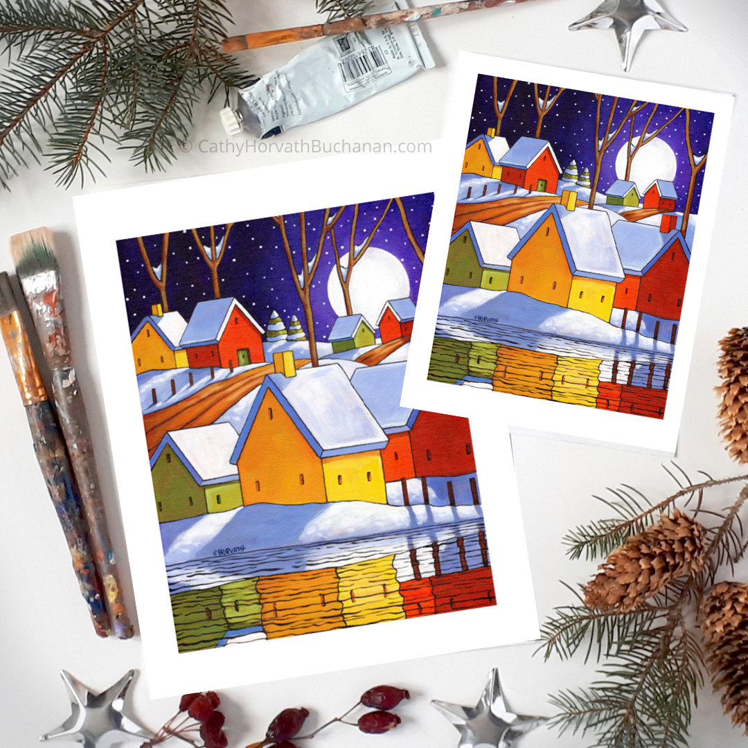Winter Nite - Art Print colorful winter snow moon landscape flaty lay with objects by artist Cathy Horvath Buchanan
