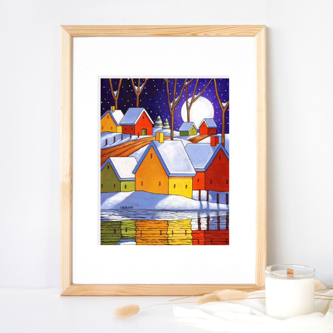 Winter Nite - Art Print colorful winter snow moon landscape framed on a wall by artist Cathy Horvath Buchanan