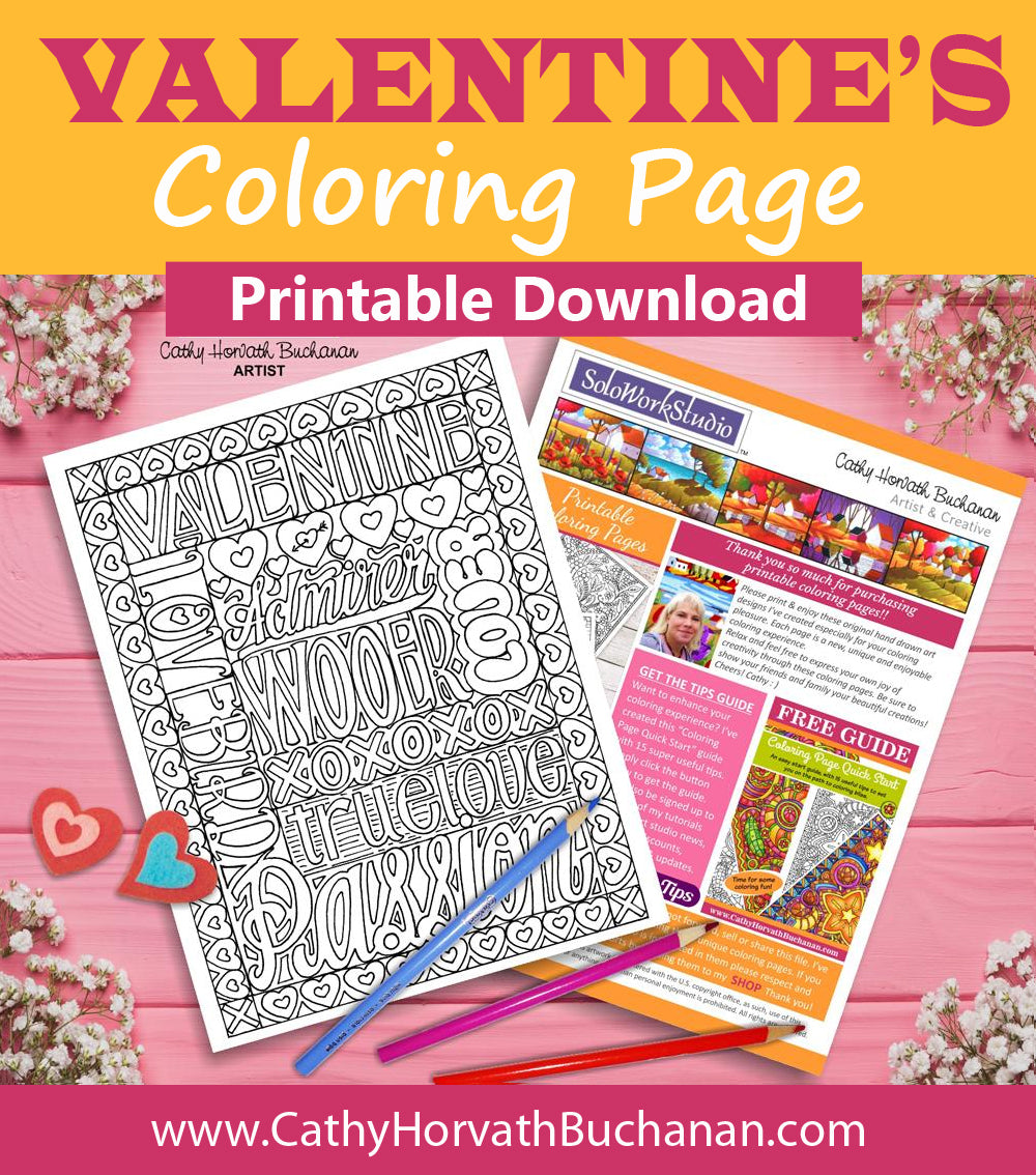 valentine love words coloring page by artist Cathy Horvath Buchanan