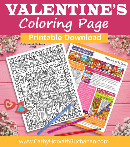 valentine love words coloring page by artist Cathy Horvath Buchanan
