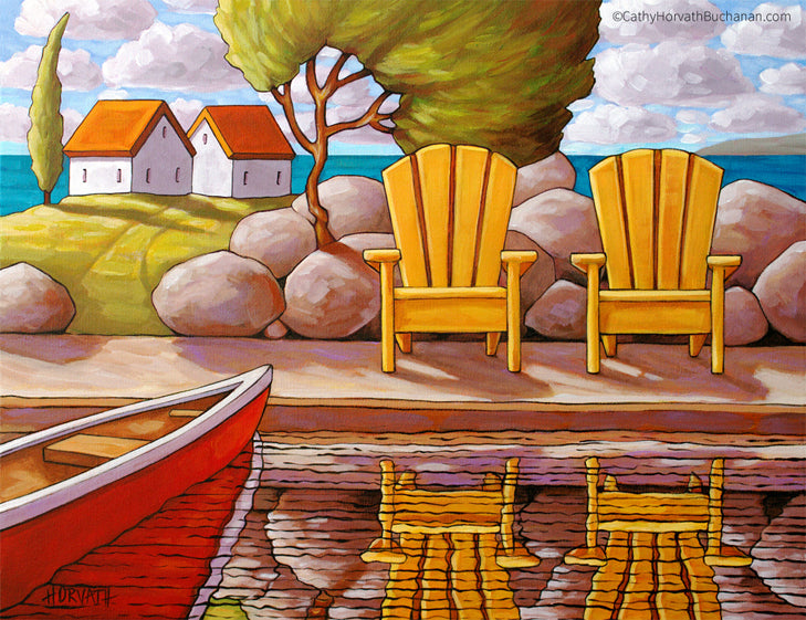 Yellow Chairs Canoe View - Art Print by Cathy Horvath Buchanan